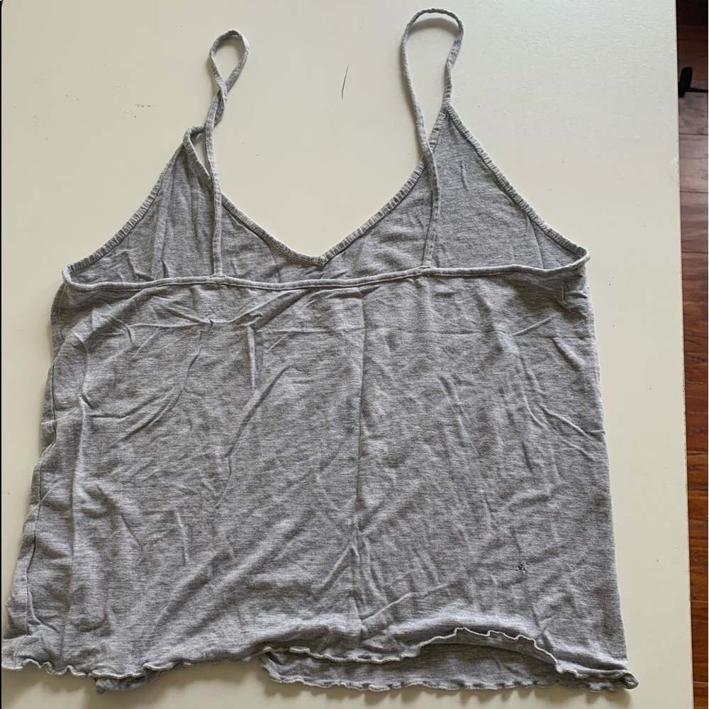 Grey ruffle trim tan top soft and sexy